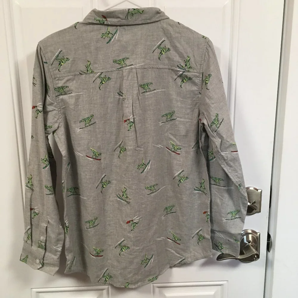 Boy’s Cat & Jack Gray Skiing Dinosaur Long Sleeve Button Down Shirt XXLH (18)